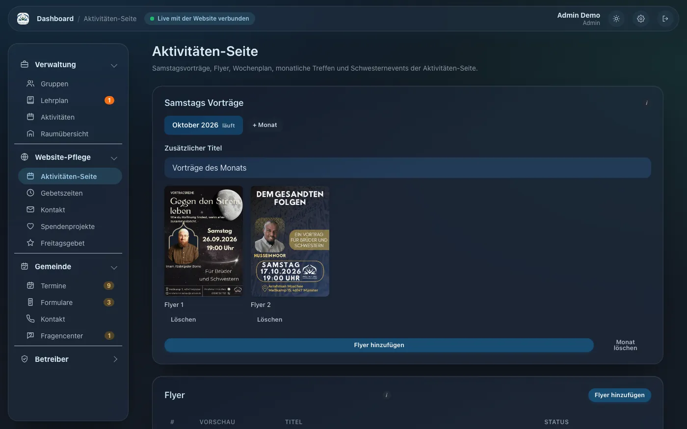 Dashboard: Aktivitäten-Seite der Website pflegen