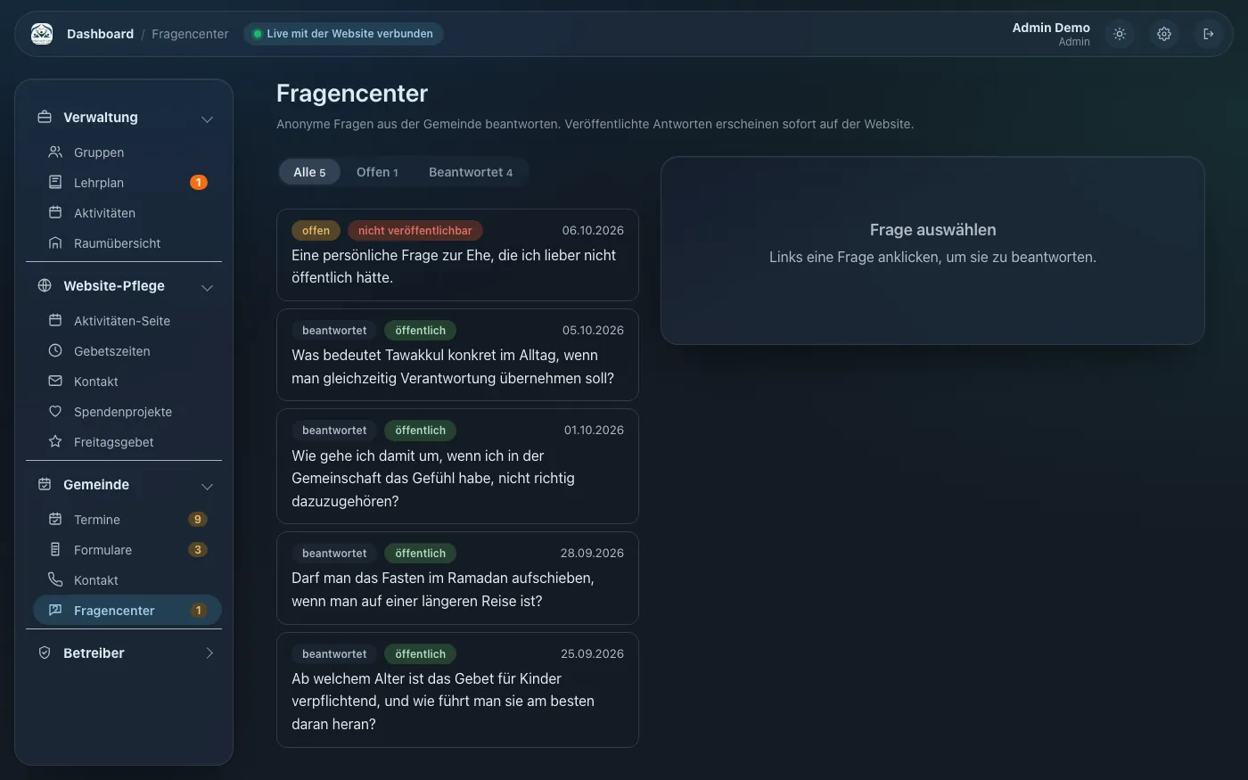 Dashboard: Fragen beantworten und veröffentlichen