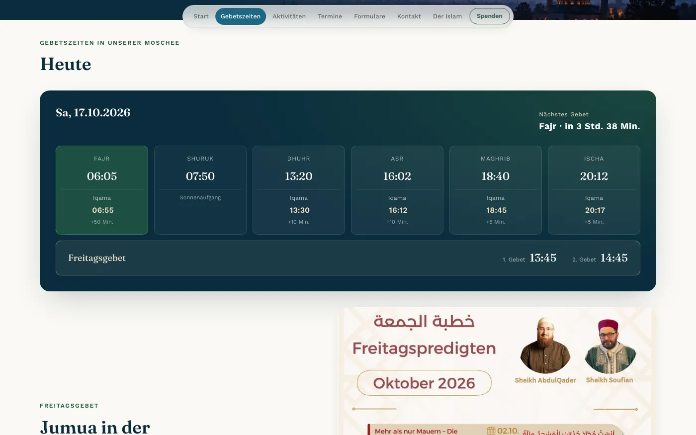 Gebetszeiten auf der Website der Arrahmanmoschee Münster
